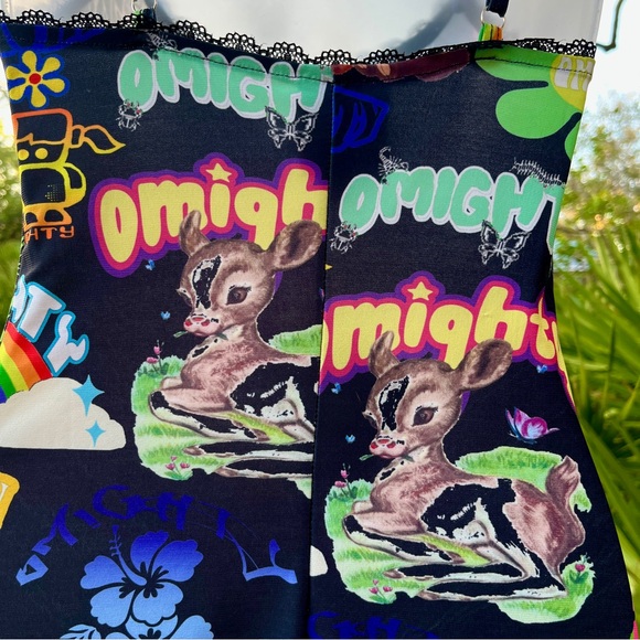 Omighty Logomania Black Mini Dress Size S Stretch Tattoo Sexy Sheer Straps Layer - Picture 10 of 17